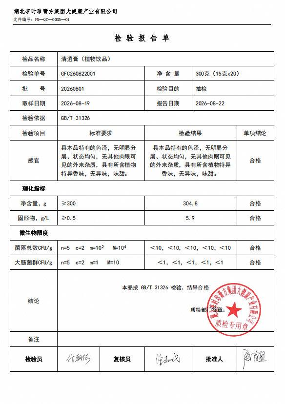 清逍膏检验报告